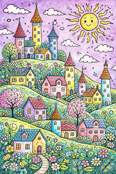 Сказочная деревня: наивное искусство и яркие фантазии в стиле Мауд Льюис. Изображение из нейросети Sora