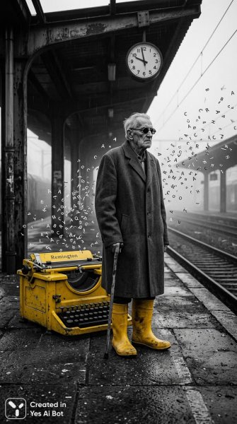 Старик в жёлтых ботинках: сюрреалистичная сцена на заброшенной станции. Картинка из нейросети Nano-Banana
