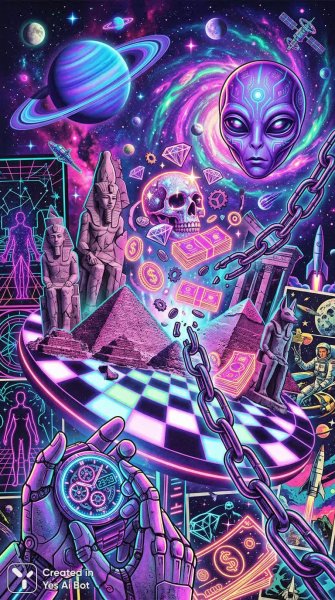 Неоновый сюрреализм: деньги, космос и тайны древних цивилизаций в HD 3D коллаже. Картинка из нейросети Nano-Banana