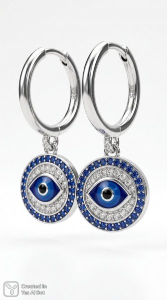 Серебряные серьги-кольца с подвеской глаз и кристаллами. Генерация из нейронной сети Nano-Banana