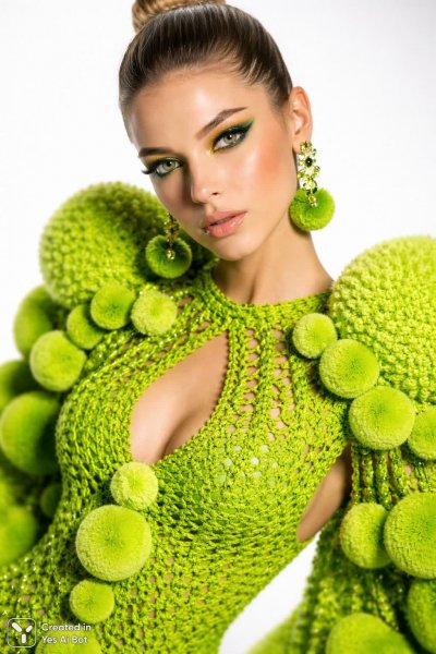 Яркий образ: авангардное вязаное платье с помпонами в студии. Картинка из нейронной сети Sora Images