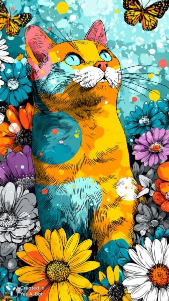 Весёлый кот в цветущем саду с яркими узорами и бабочками. Изображение из нейросети Миджорни