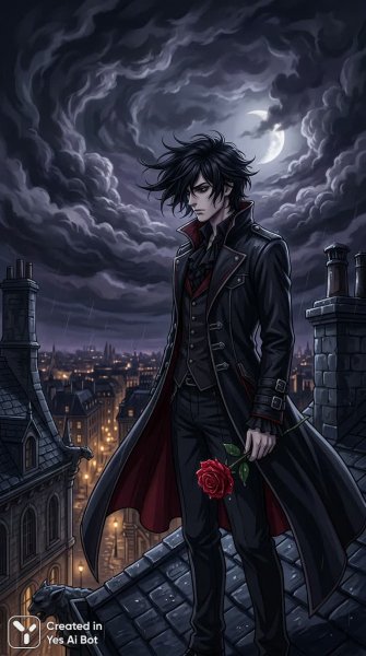 Ночной силуэт вампира: страсть, отчаяние и роковой блеск розы в руке на крыше города. Изображение из нейросети NanoBanana