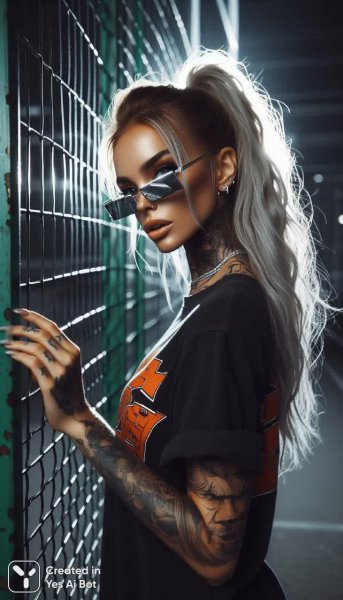 Светлая девушка с дредами и татуировками у зеленого забора в ночи. Нейронная сеть Dalle