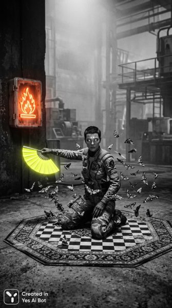 Неожиданный момент: сюрреалистичная черно-белая фотография в индустриальном пространстве. Генерация из нейронной сети Nano Banana