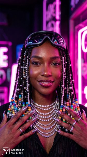 Яркая красотка в футуристическом стиле с африканскими косичками и неоновым светом. Генерация из нейросети Нано Банана