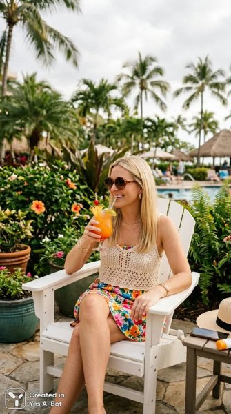 Летнее настроение: блондинка в бикини и тропическом коктейле на террасе. Картинка из нейронной сети Нано Банана