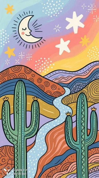 Яркий пейзаж кактус и звездное небо в стиле наивного искусства. Изображение из нейросети NanoBanana