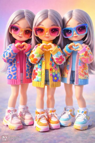 Модные куклы с серыми волосами и яркими очками в мультяшном стиле. Генерация из нейронной сети Sora Images