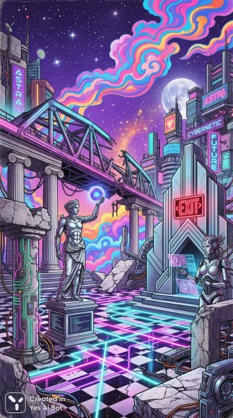 Неоновое безумие: колонны, небеса и футуристические артефакты. Нейронная сеть NanoBanana