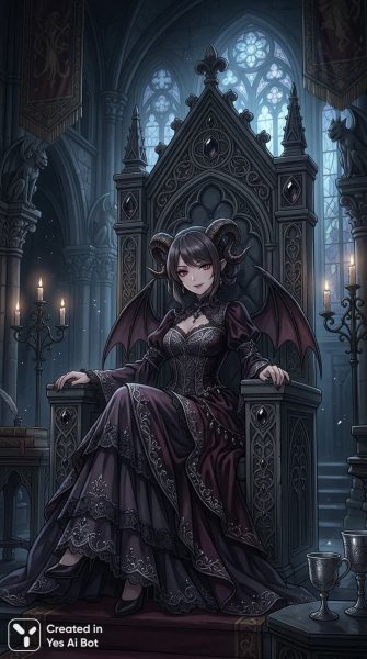 Очаровательная соблазнительница на темном троне в царстве теней и тайн. Картинка из нейросети NanoBanana