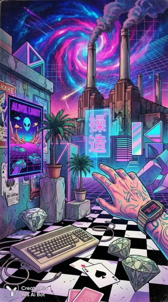 Неоновый ретро: коллаж из поп-культуры 80-х и цифрового искусства. Генерация из нейросети Nano-Banana