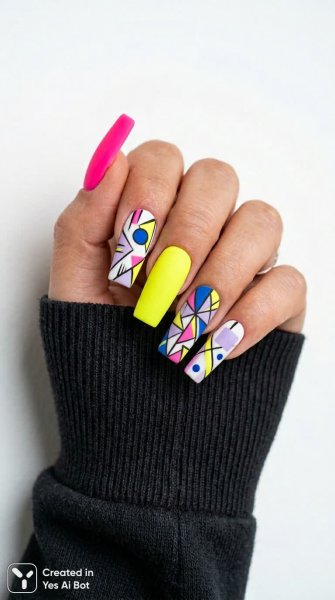 Яркие геометрические ногти в стиле поп-арт с абстрактным дизайном и неоновыми цветами. Генерация из нейросети Нано Банана