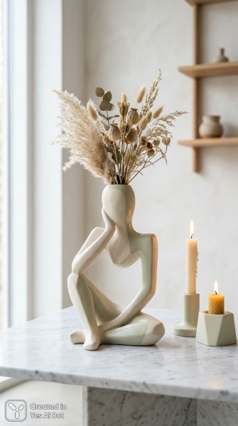 Скульптурная ваза в стиле минимализма с цветами и свечами. Нейросеть Nano Banana