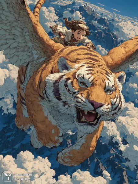 Полет над облаками: тигр и девушка в сказочном мире гор. Картинка из нейронной сети Миджорни
