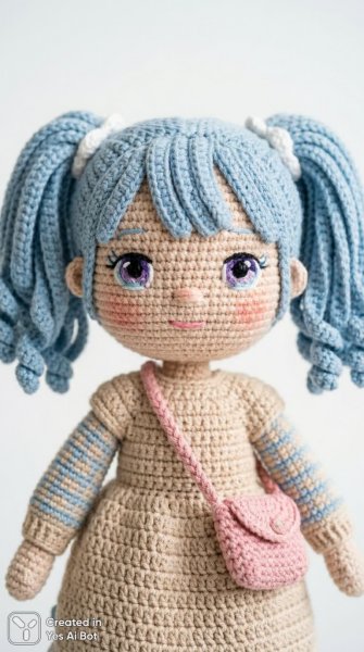 Милая кукла ручной работы с голубыми косичками и нежным взглядом. Нейронная сеть Nano Banana
