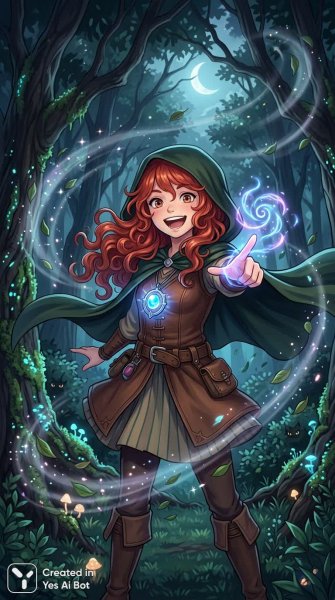 Рыжая колдунья: ночь, лес и магия приключений. Картинка из нейросети Nano-Banana