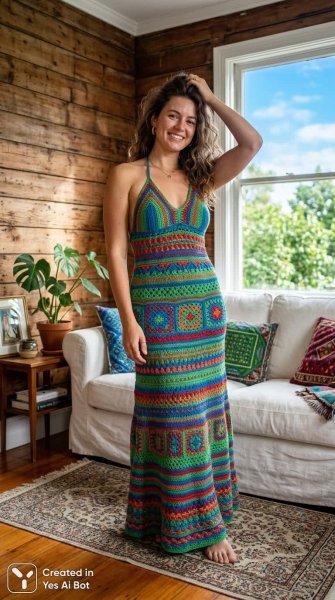 Яркое вязаное платье и летнее настроение в уютном интерьере. Нейросеть Nano Banana