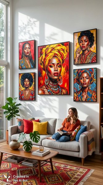 Яркие портреты женщин в современном интерьере: искусство на стенах для стильной гостиной. Генерация из нейронной сети Nano Banana