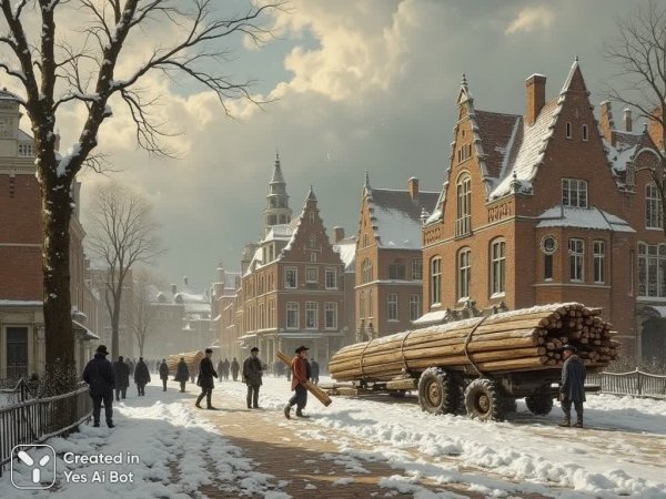 Зимний день в голландском городке: труд и архитектура XIX века. Генерация из нейронной сети Flux 1