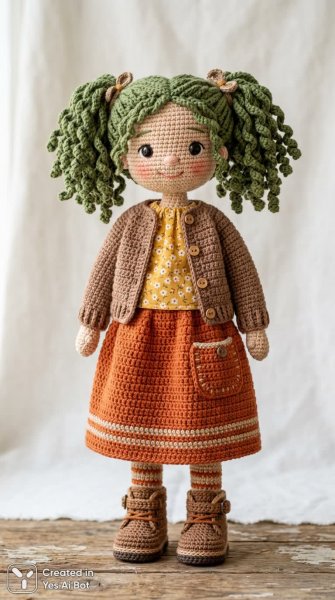 Кудрявая кукла ручной работы в земных тонах и игривом стиле. Нейросеть Нано Банана