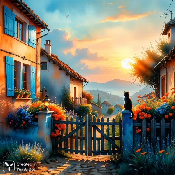 Уютная деревня: кошка, забор и дом с голубой дверью. Изображение из нейросети Stable Diffusion