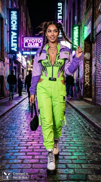 Неоновый образ: дерзкий комплект для городской улицы и смелых экспериментов со стилем. Картинка из нейросети Nano-Banana