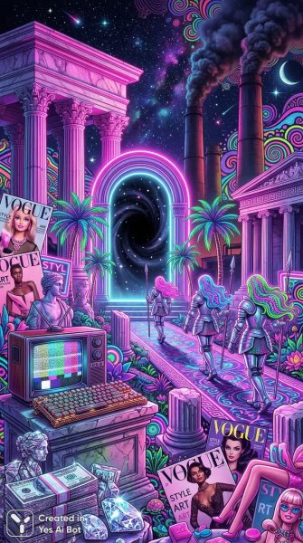 Неоновый хаос: Барби, деньги и психоделический космос в стиле Lisa Frank. Картинка из нейросети NanoBanana