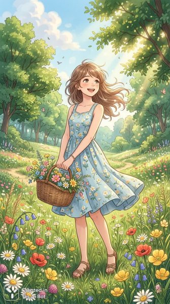 Весеннее настроение: девушка с лугом цветов и солнечным светом. Изображение из нейросети Нано Банана