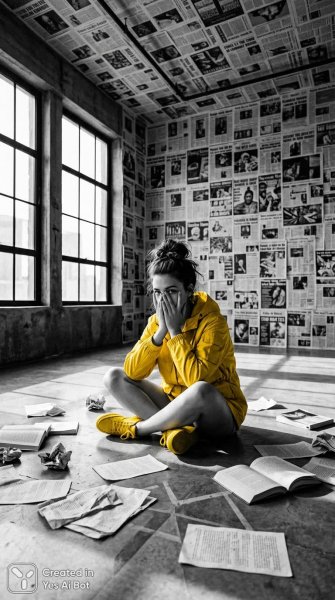 Девушка в желтой куртке и хаотичный черно-белый мир. Нейросеть Nano Banana