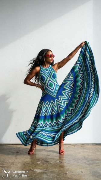 Яркий образ в геометрическом платье и красных очках у белой стены. Картинка из нейронной сети Нано Банана