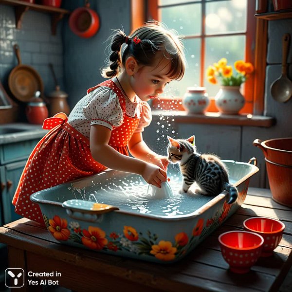 Маленькая девочка моет котенка с любовью и нежностью. Нейросеть Stable Diffusion