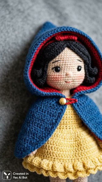 Снежная красавица крючком: очаровательный образ в голубом и красном. Картинка из нейронной сети Нано Банана