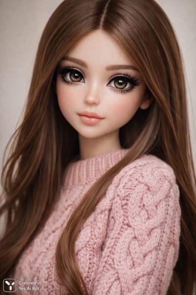 Кукла с выразительным взглядом в розовом свитере и длинными волосами. Изображение из нейронной сети Sora Image