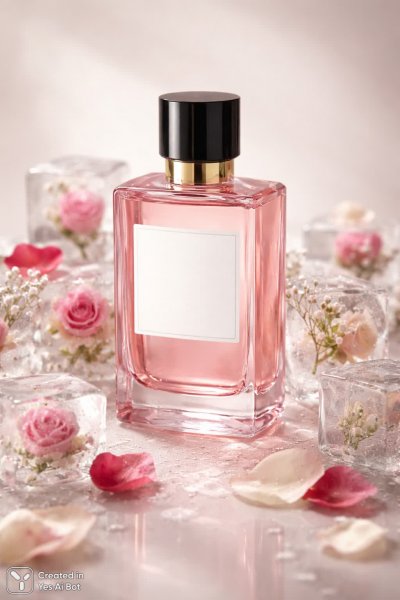 Изысканная прозрачность: парфюмерная бутылка в ледяном великолепии. Нейросеть Sora Ai Images
