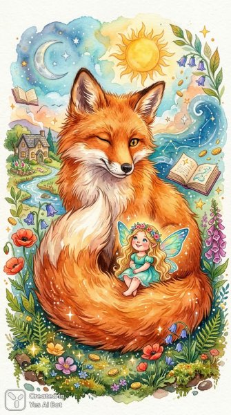 Оранжевый лис и маленькая фея: сказочная акварельная иллюстрация. Картинка из нейронной сети NanoBanana