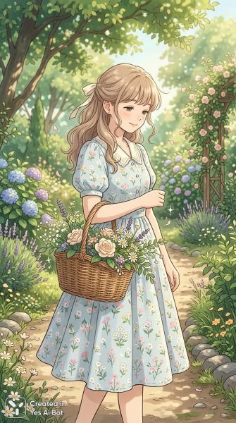 Девушка с лукошком свежих цветов в солнечном саду. Изображение из нейронной сети Нано Банана