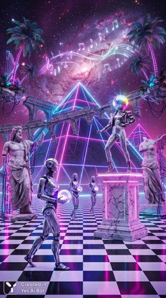 Неоновые пирамиды и роботы в галактическом танце эпохи вайб. Генерация из нейронной сети NanoBanana