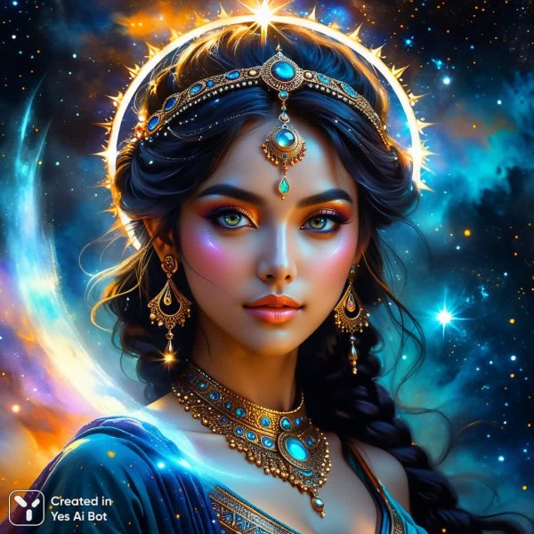 Мистическая богиня в звездном свете и космической энергии: эпическое фэнтези. Изображение из нейронной сети Stable Diffusion