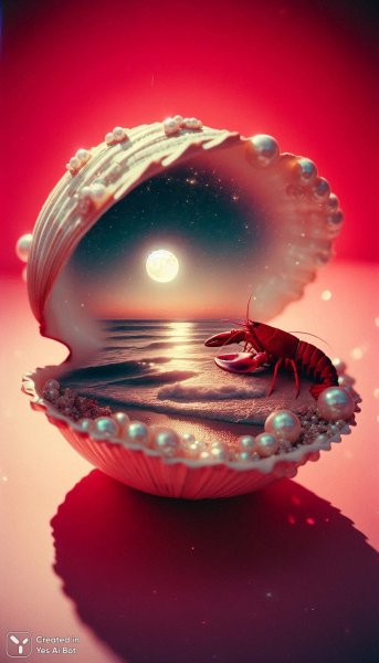 Коралловая ночь: сюрреалистический снимок внутри морской раковины и гигантский лобстер. Генерация из нейронной сети Dalle