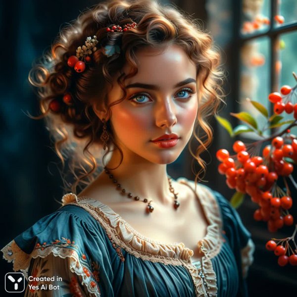 Красавица с рябиной: акварельный портрет в стиле прерафаэлитов. Изображение из нейронной сети Stable Diffusion