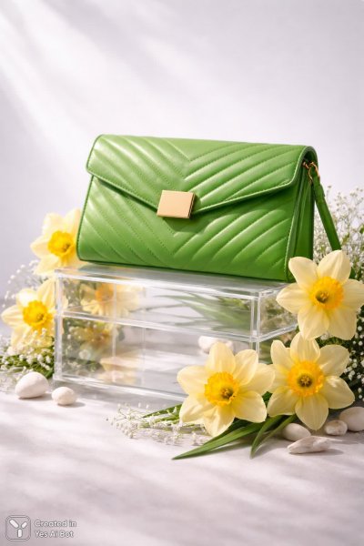 Яркая весенняя элегантность: стильный кошелек и нежные нарциссы в деталях. Картинка из нейронной сети Sora Ai Images