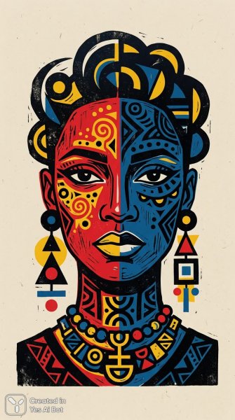 Яркий этнический портрет с абстрактными узорами и геометрией. Генерация из нейросети NanoBanana