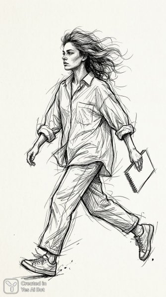 Задумчивая женщина в белой рубашке: минималистичный эскиз ускользающей тайны и импульсивного движения. Генерация из нейросети Nano-Banana