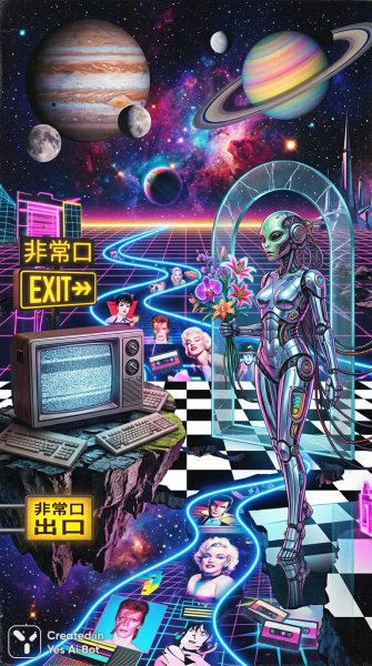 Неоновый хаос: ретрофутуризм и абсурдное смешение эпох. Картинка из нейронной сети Нано Банана