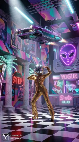 Неоновый варп: ретро-футуристический танец в стиле vaporpunk с инопланетным шиком. Генерация из нейросети NanoBanana