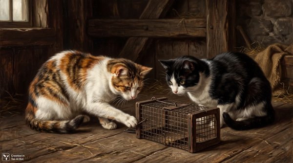 Загадочная ловушка: кошки в ожидании и предчувствии охоты. Нейросеть NanoBanana