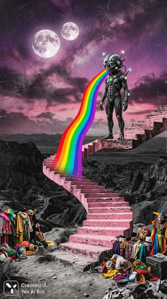 Инопланетянин на лестнице: сюрреалистичная встреча двух миров. Изображение из нейронной сети Нано Банана