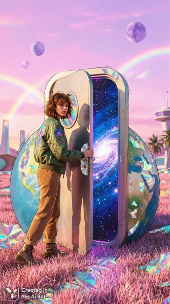 Дверь в звездную галактику: сюрреалистичный мир девочки и радужных снов. Нейронная сеть Nano-Banana