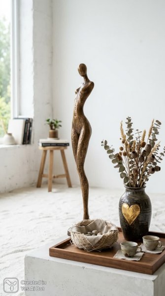 Бронзовая скульптура человека с золотым сердцем в уютном интерьере. Картинка из нейросети Nano-Banana